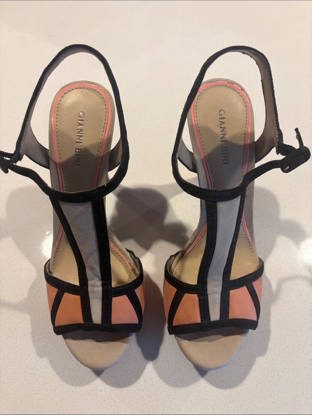 Gianni Bini Peach, Fuschia and Black T-Strap Slingback Heels